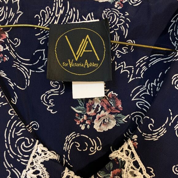 Vintage Dress 80s Victoria Ashley Lace Collar Button Front Floral Drop Waist - Picture 4 of 11